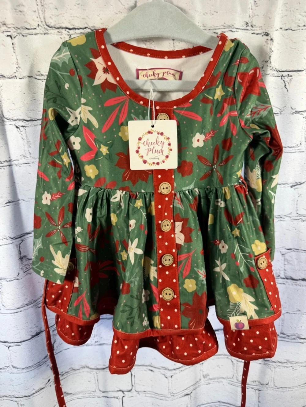cheeky plum Christmas Green Floral Dress with Red Polka-Trim